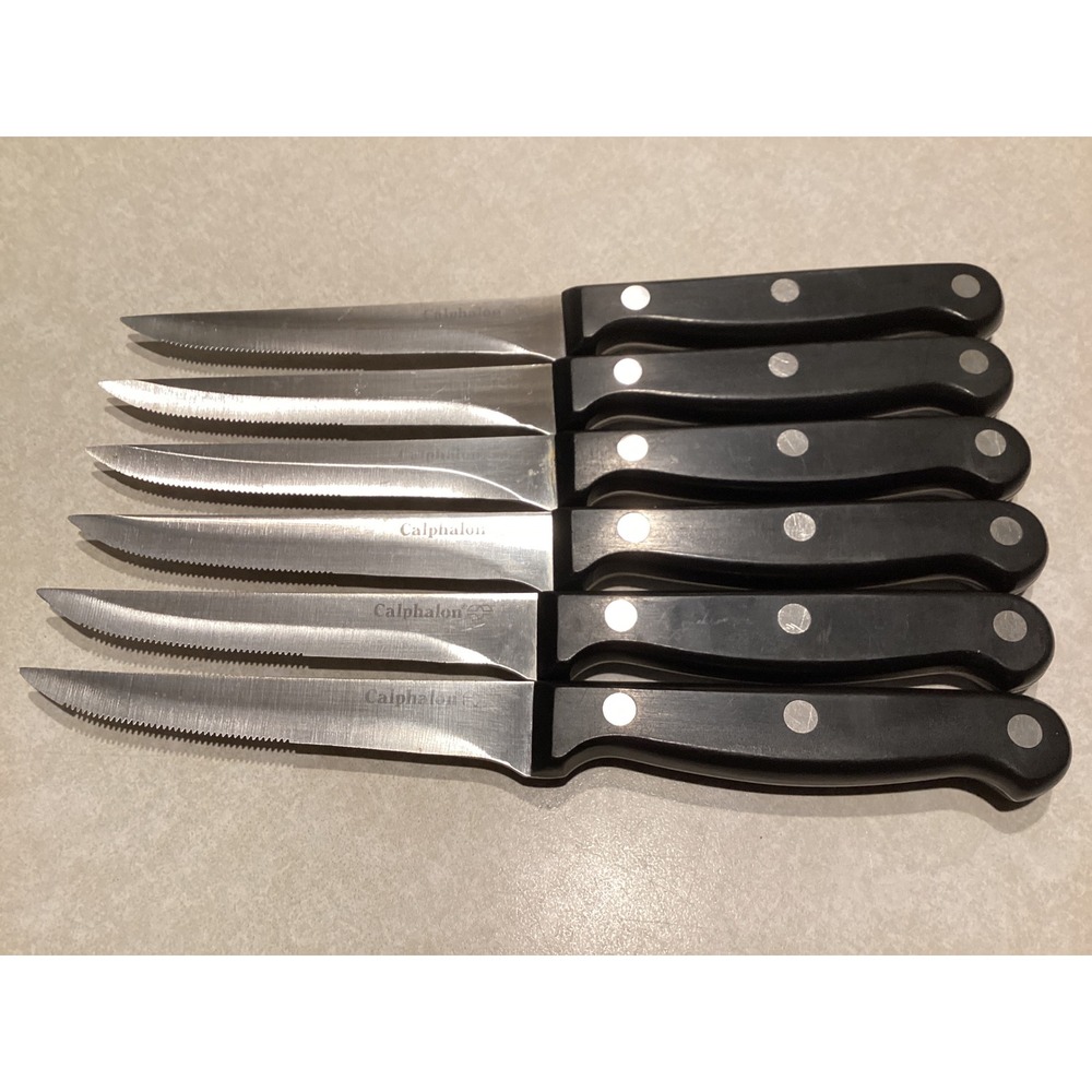Calphalon 6 Piece Steak Knife Set Serrated Stainless Steel Triple Rivet Black